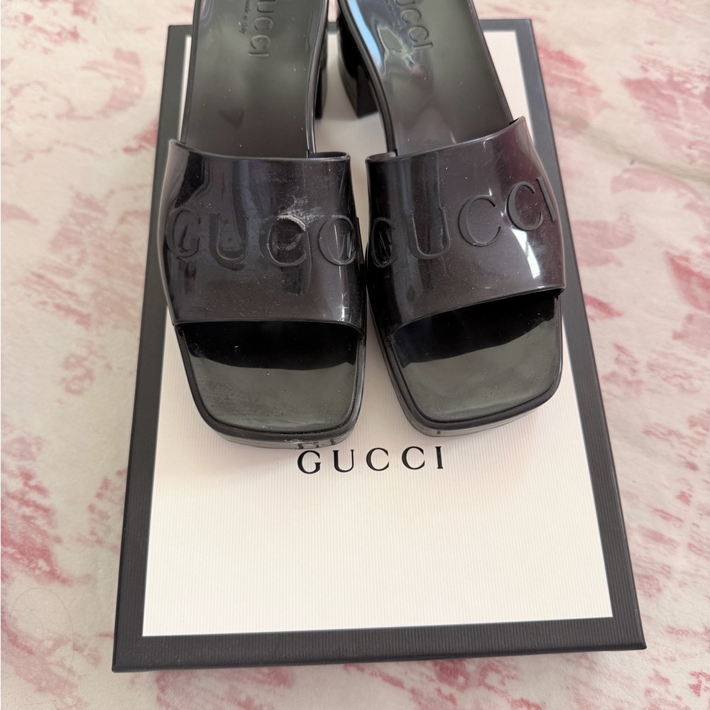 Gucci Black Patent Logo Slide Mules
